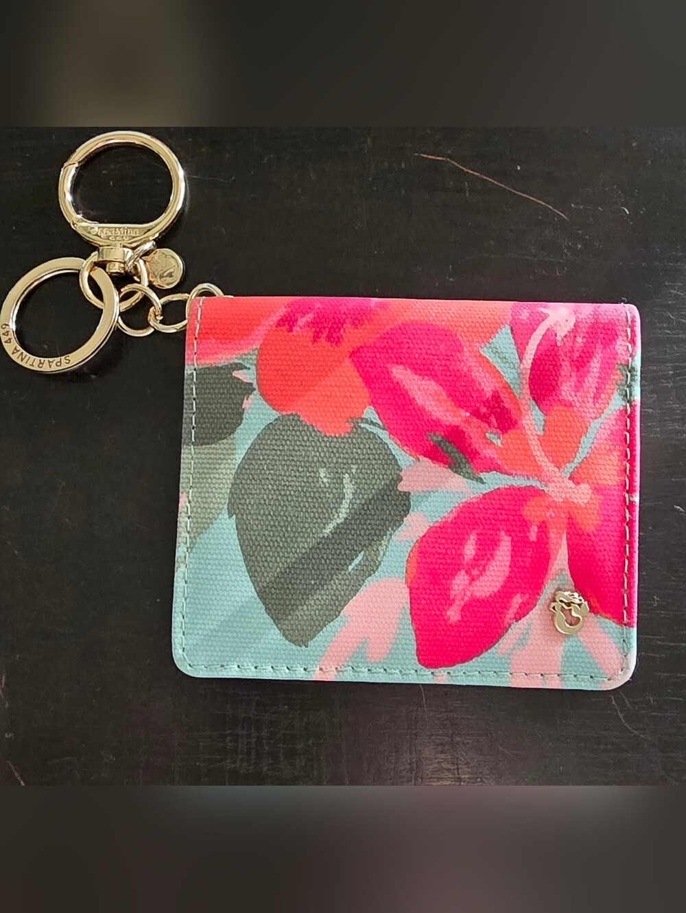New Without Tag Spartina 449 Keychain Wallet ID Case Floral Pink Gold Tropical